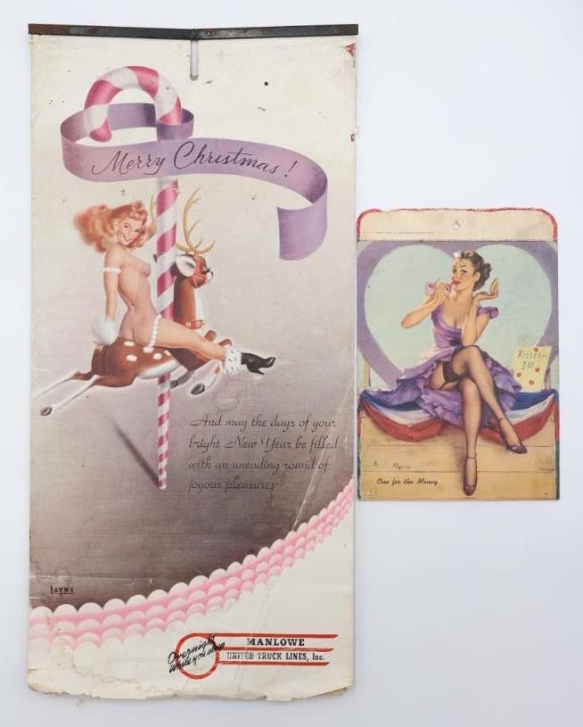 Vintage Pin-Up Advertising Calendar and Card: Pinup card featuring Gil Elvgren's 'One for the Money' possibly originally from a calendar advertising O.L. King & Co Tannery Oils. Complete Pin Up calendar from 1950 advertising Manlowe United Tr