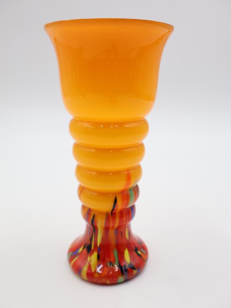 Artisan Bohemian Orange Splatter Vase: Possibly Czech origin and made by Ernst Steinwald / Franz Tomschick, no markings found
