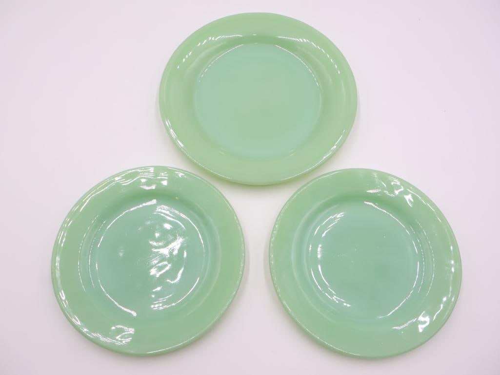 Three Vintage Heavy Duty Jadeite Plate/Saucers: Made in USA Fire-King Ware, two 6.5" plates and larger 8" plate 