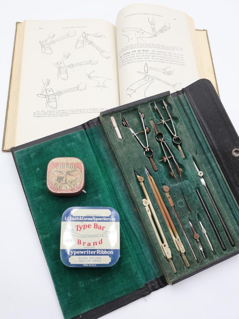 Vintage Drafting SEt with 'Farm Shop Practice' Book: The A. Lietz Co. Made in Germany drafting set 'ALCO Junior', Pigeon Brand and Type Bar Brand typewriter ribbon tins (empty), and 1939 Farm Shop Practice agricultural engineering book 