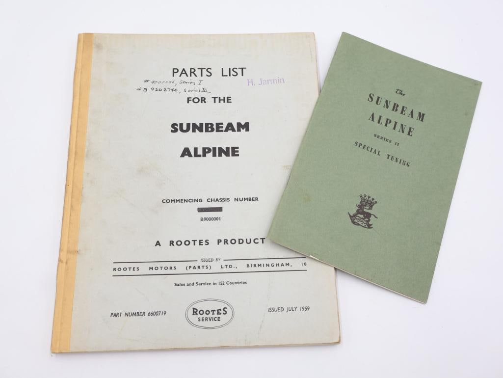Vintage Collectible Sunbeam Alpine Parts List qand Special Tuning Manuals: Rootes Service 1959 Parts List of the Sunbeam Alpine, and Series II Special Tuning pamphlet 