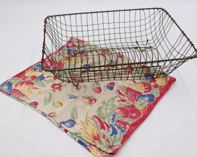 Antique Wire Mesh Dish Rack and Vintage Linen: Great for displaying plates and dishes, wire mesh antique dish drying rack and floral vintage towel/linen
