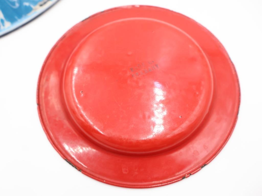 Antique Blue Graniteware Colander and Red and White Enamel Plate - 3