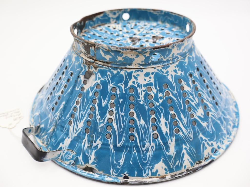 Antique Blue Graniteware Colander and Red and White Enamel Plate - 6