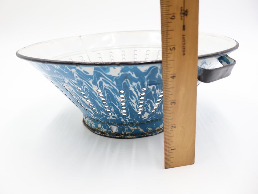 Antique Blue Graniteware Colander and Red and White Enamel Plate - 7