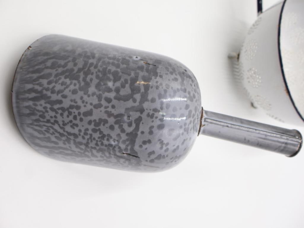 Vintage White Enamel Colander and Grey Graniteware Scoop - 4