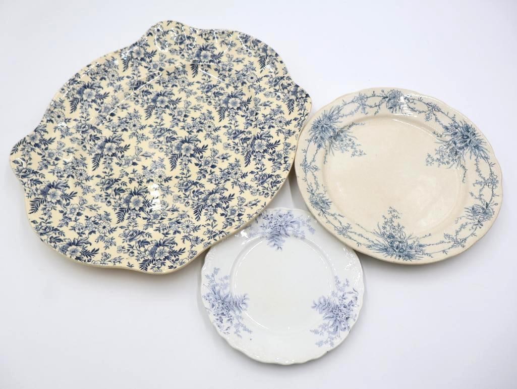 Antique Blue Transferware Platter and Plates: Includes Porcelain Royale Pitcairns Limited Tunstall England Elaine plate, Clifton Anthony Shaw & Son Burslem Staffordshire plate, and large Victorian Johnson Bros England China platter 