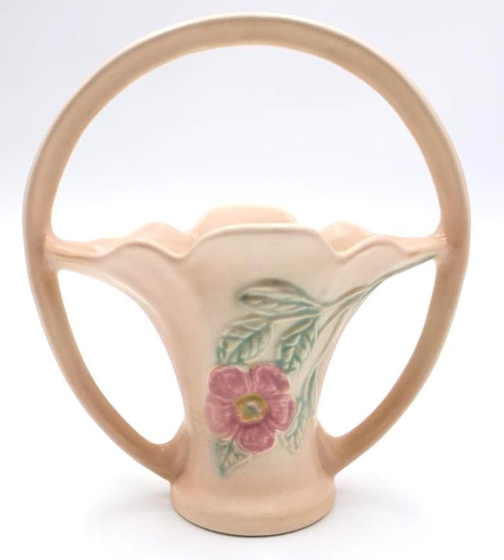 Vintage Hull Pottery Basket Vase: Hull Pottery 'Dogwood' or 'Wild Rose' pattern number 501, 7.5" tall