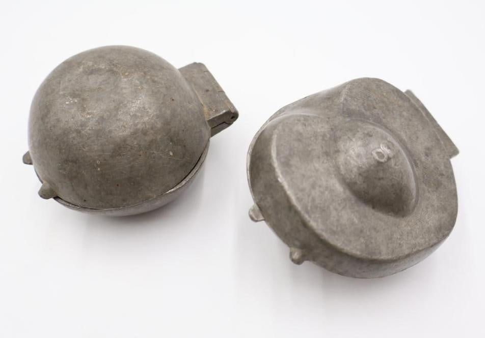 Vintage Orange and Peach Ice Cream Molds: Pewter hinged fruit molds for shaping ice cream, butter, and more. 