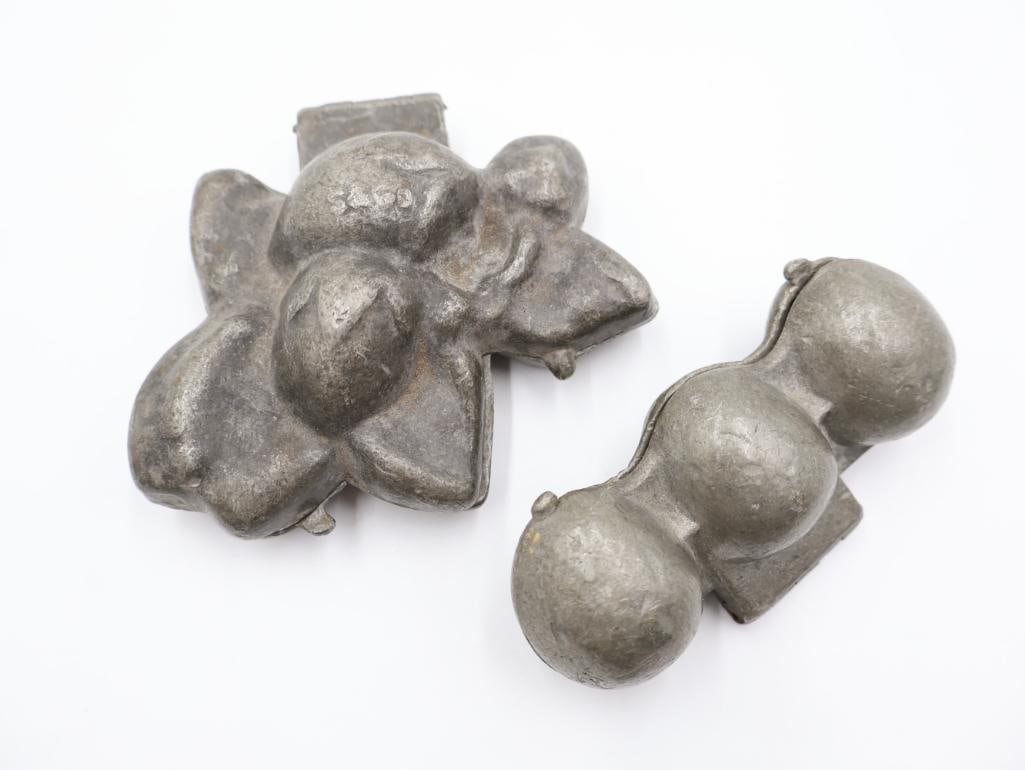 Pair of Vintage Strawberry Ice Cream Molds: Two vintage pewter hinged ice cream molds featuring strawberry cluster with leaves and another mold that makes three rounded 3D berries, marked S & Co. 