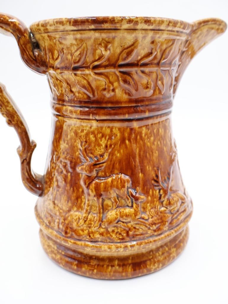 Vintage Large Speckle Glazed Pitcher with Deer Design - 10