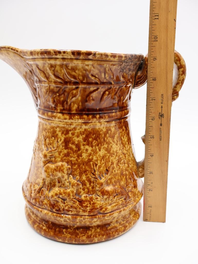 Vintage Large Speckle Glazed Pitcher with Deer Design - 2
