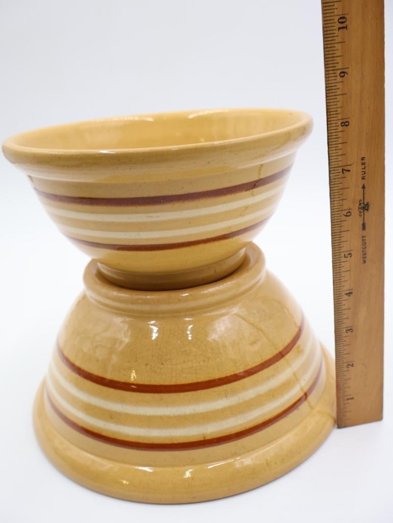Pair of Vintage Yellow Ware Mixing Bowls with White and Red/Brown Stripes - 2