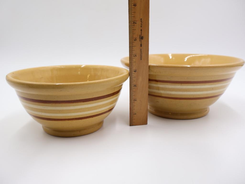Pair of Vintage Yellow Ware Mixing Bowls with White and Red/Brown Stripes - 3