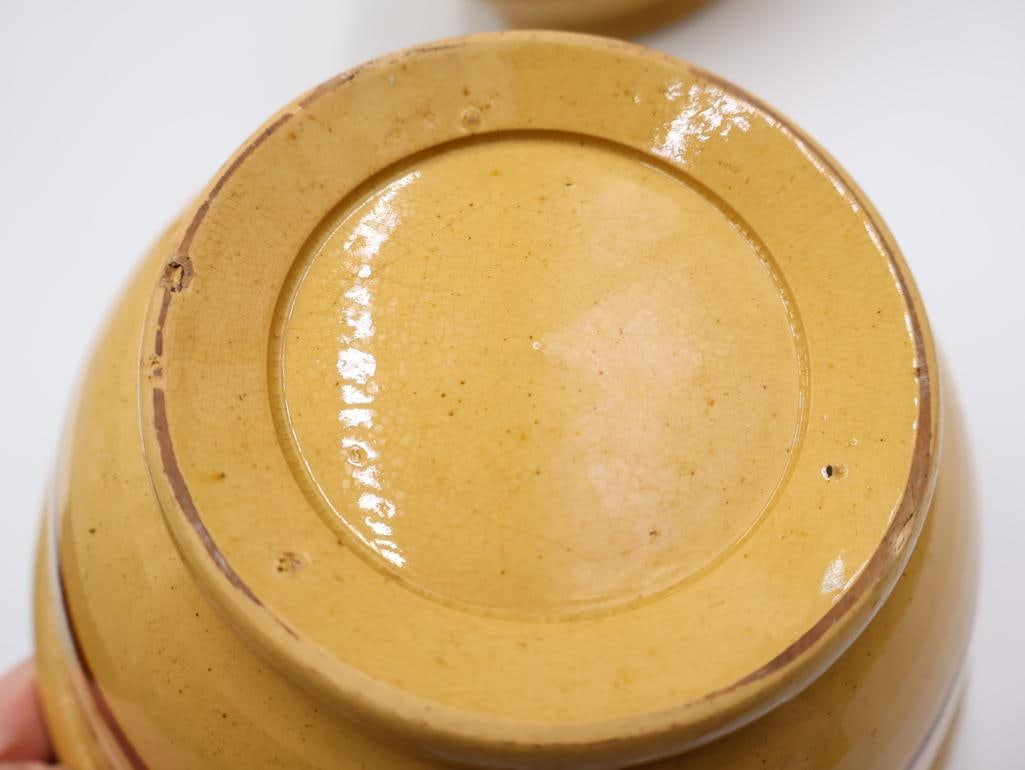 Pair of Vintage Yellow Ware Mixing Bowls with White and Red/Brown Stripes - 7