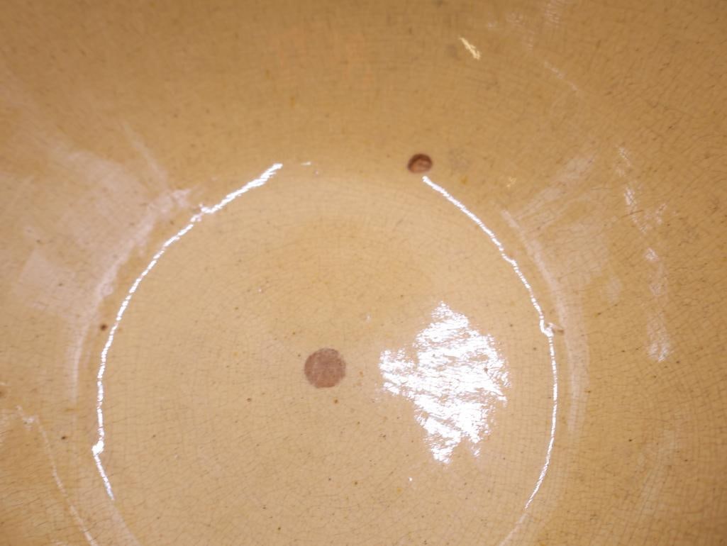 Pair of Vintage Yellow Ware Mixing Bowls with White and Red/Brown Stripes - 9