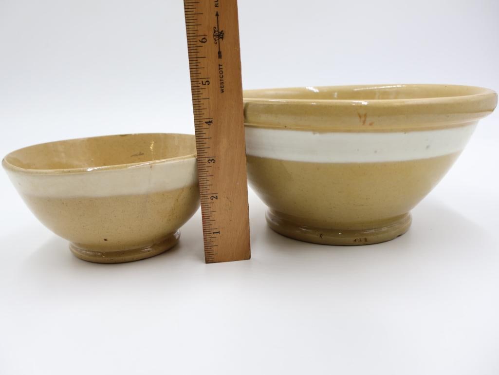 Two Vintage Yellow Ware Mixing Bowls with Wide White Stripe - 2