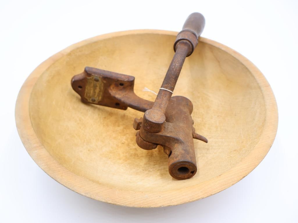 Antique 1880's Bottle Capper and Carved Wood Mixing Bowl: 1880's Bishop and Babcock Bottle Capper for early beer and soda dispensing, and wood bowl is about 11" wide