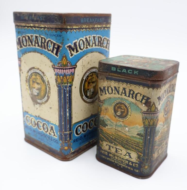Two Monarch Vintage Cocoa and Tea Tins: Vintage Monarch tins with great coloring and design, please see all photos for condition