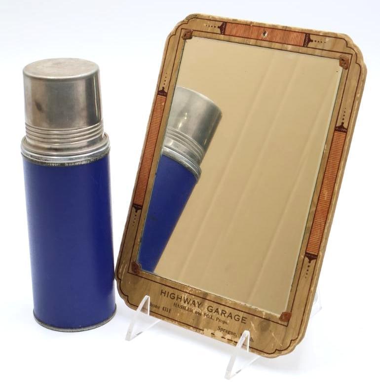 Vintage Keapsit Thermos and Advertising Mirror: Highway Garage Sprague Washington advertising mirror, and blue pleather 'Keapit' brand made in USA thermos 