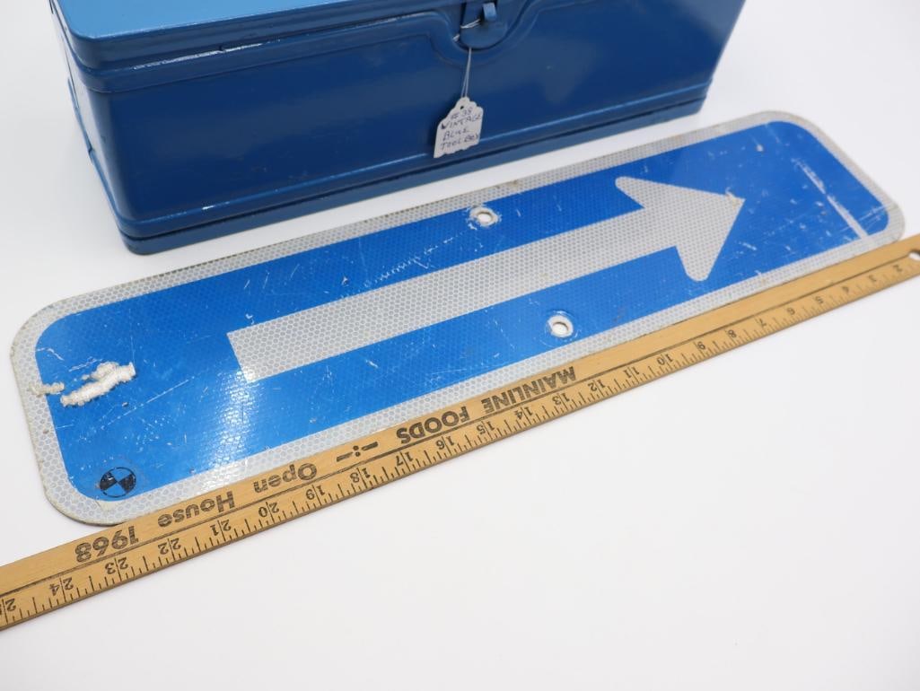Vintage Metal Painted Blue Tool Box and Blue Arrow Street Sign - 2