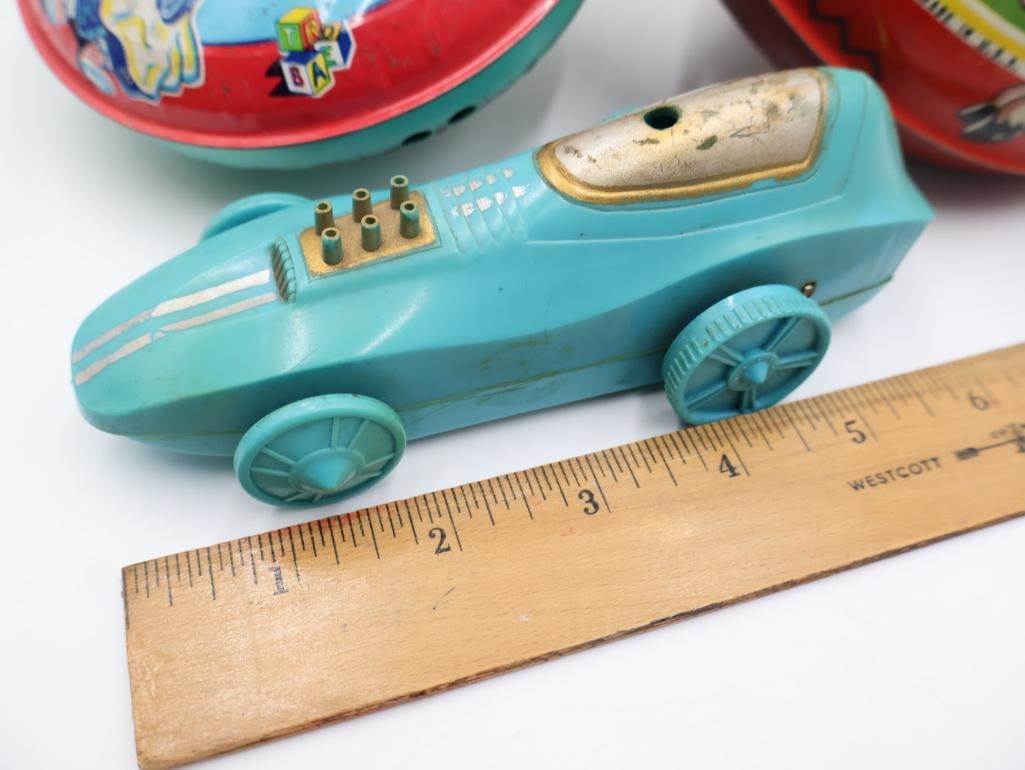 Vintage Tin Type Tops and Battery Operated Toy Car - 2