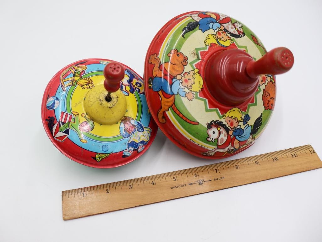 Vintage Tin Type Tops and Battery Operated Toy Car - 7