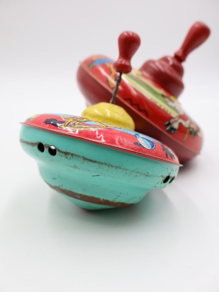 Vintage Tin Type Tops and Battery Operated Toy Car - 8