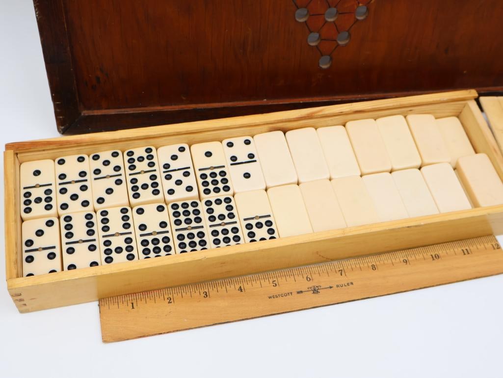 Vintage Wood Chinese Checkers Board and Dominos - 7