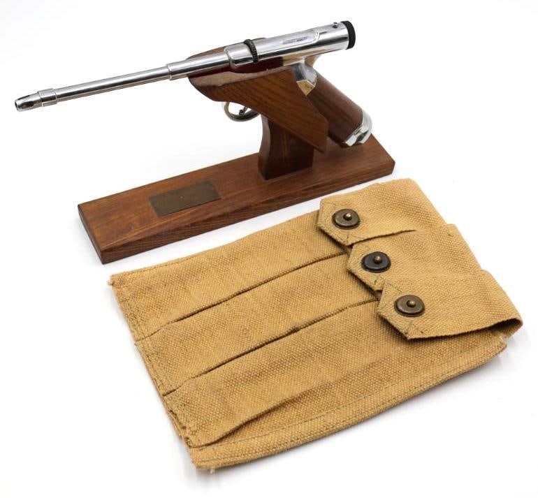 WWII Ammo Pouch and Novelty Lighter: Vintage WWII ammo mag. pouch and vintage novelty desk decoration lighter (shippable as no lighter fluid present) made by Match-O-Matic 