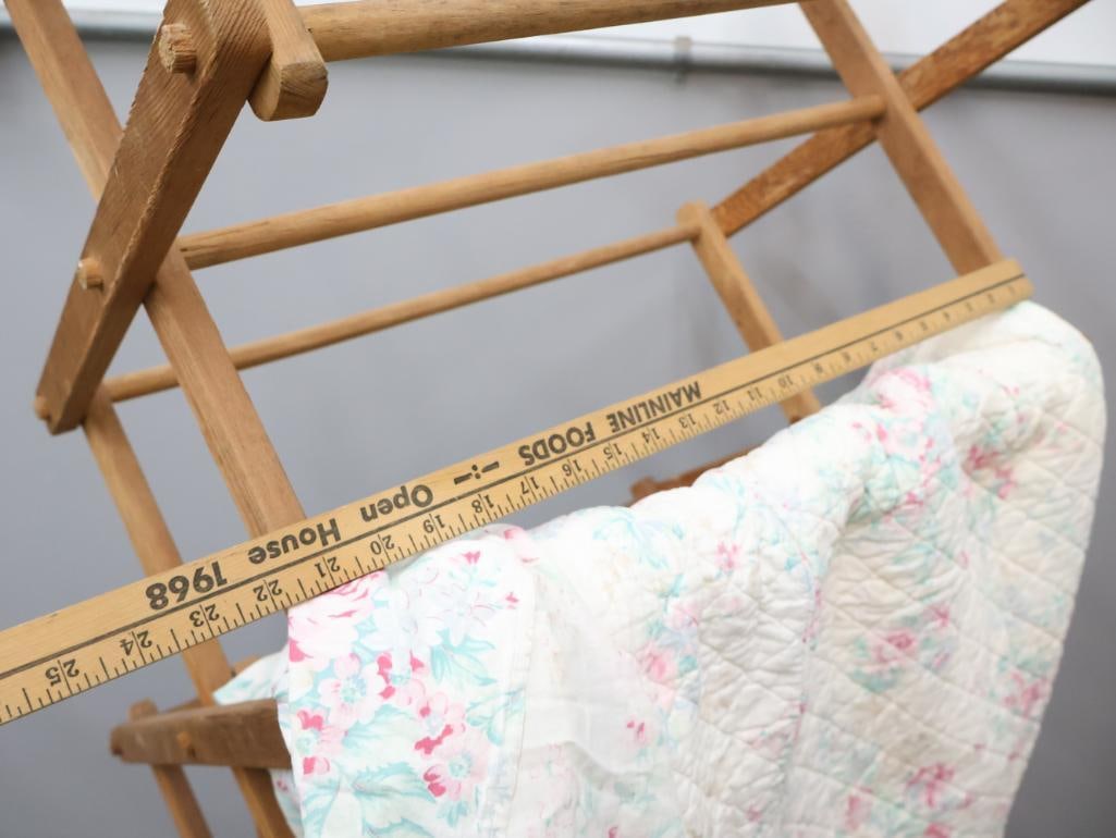 Vintage Collapsible Wooden Drying Rack and Vintage Coverlet - 2