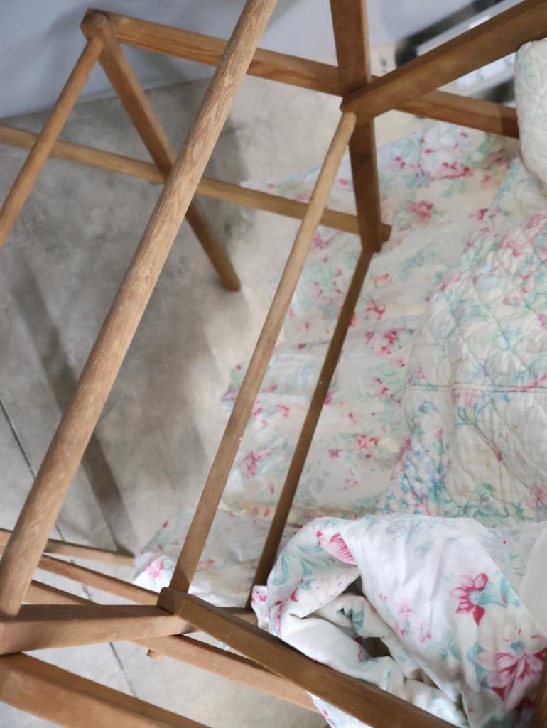 Vintage Collapsible Wooden Drying Rack and Vintage Coverlet - 5