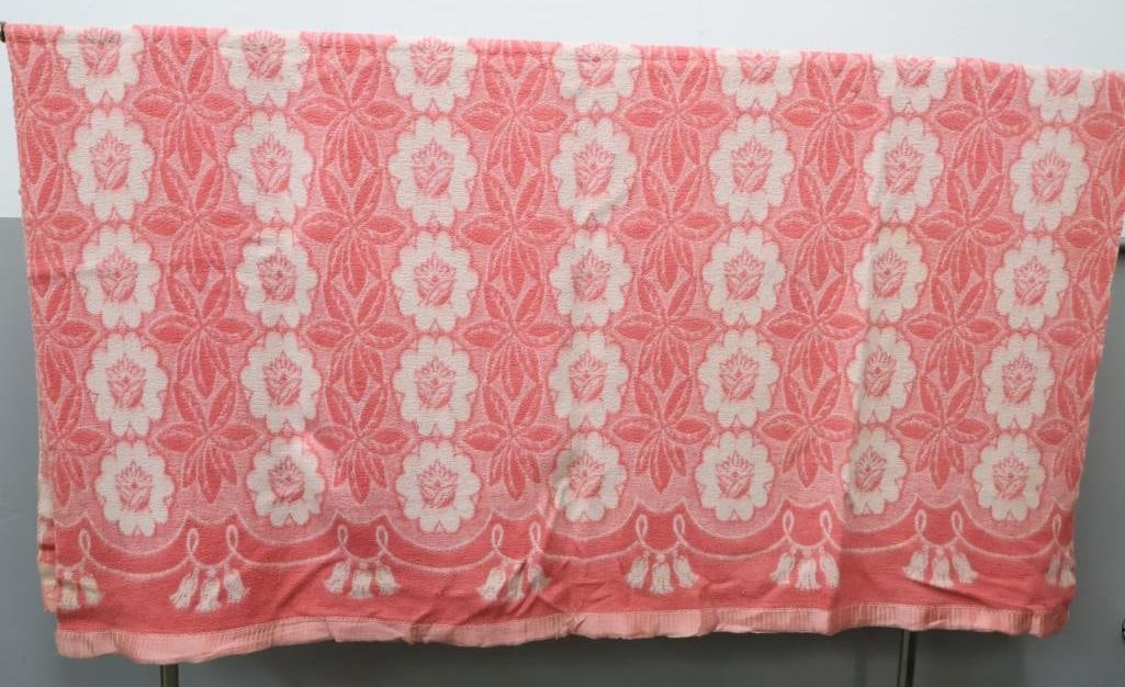 Vintage Satin Edged Pink and White Floral Blanket: Approximately 64" by 68", please see all photos for condition satin edge fraying in some spots 