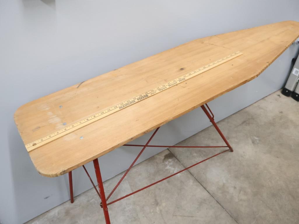 Vintage Wood Ironing Board with Red Metal Stand - 3
