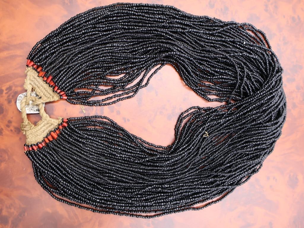 Vintage Naga Multi-Strand Black Glass Bead Necklace - 7