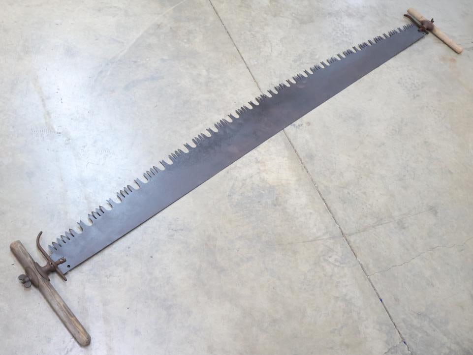 Antique Long Two Man Crosscut Saw with Handles: In overall great shape, includes two handles that both have their guards, measures about 80" total with handles 