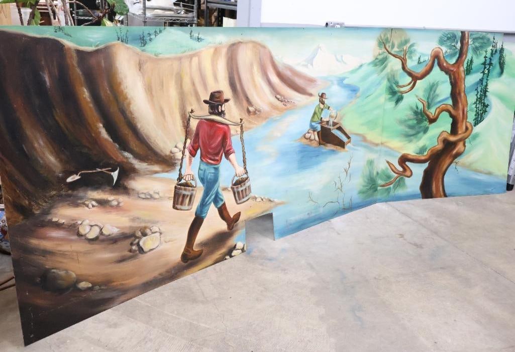 Vintage Bonanza Restaurant 12ft Mural: A unique piece of local history! This mural was painted for the Bonanza Restaurant in Grande Ronde Oregon. Signed by the artist Jan Beitel and date appears to be 1966. This mural features a PNW