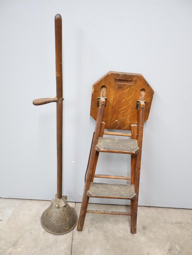 Antique Long Handle Clothes Washer and Folding Step Stool - 2