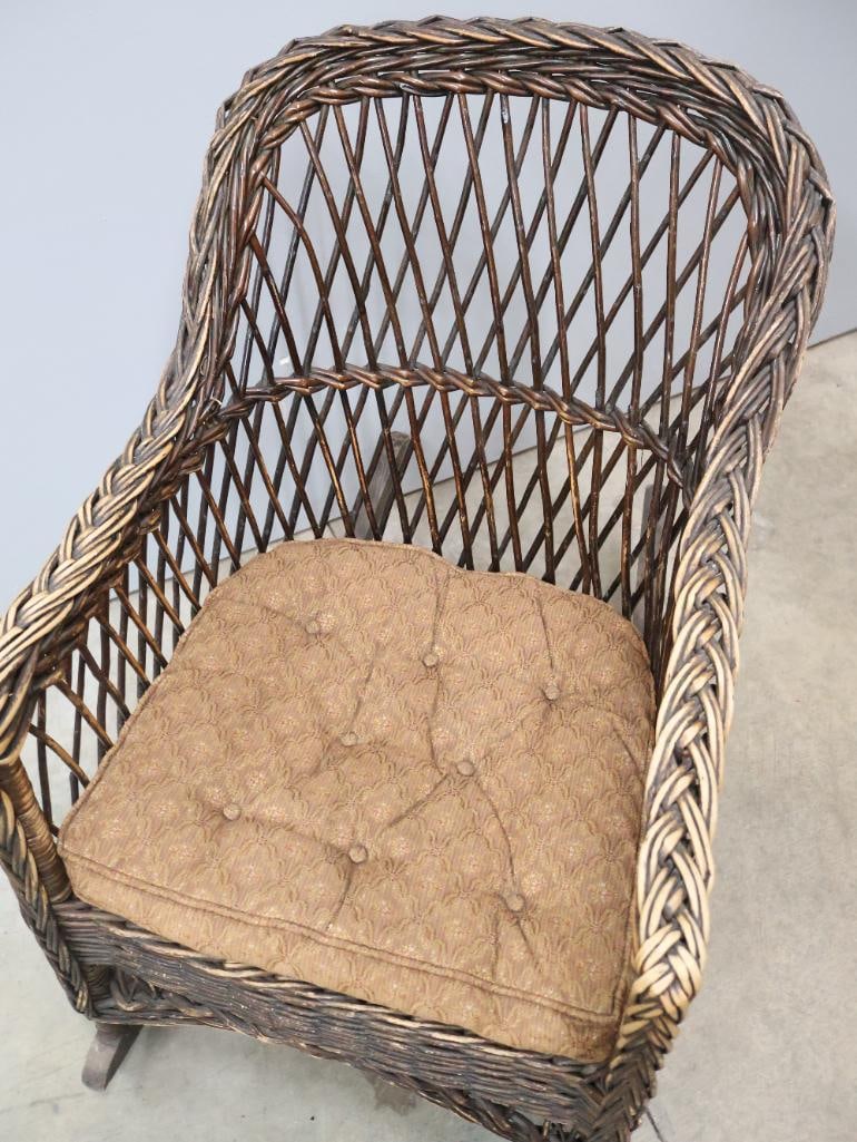 Vintage Woven Wicker Rocking Chair with Cushion Seat - 2