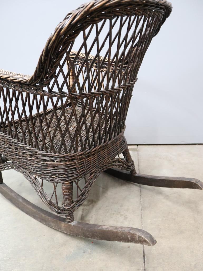 Vintage Woven Wicker Rocking Chair with Cushion Seat - 7