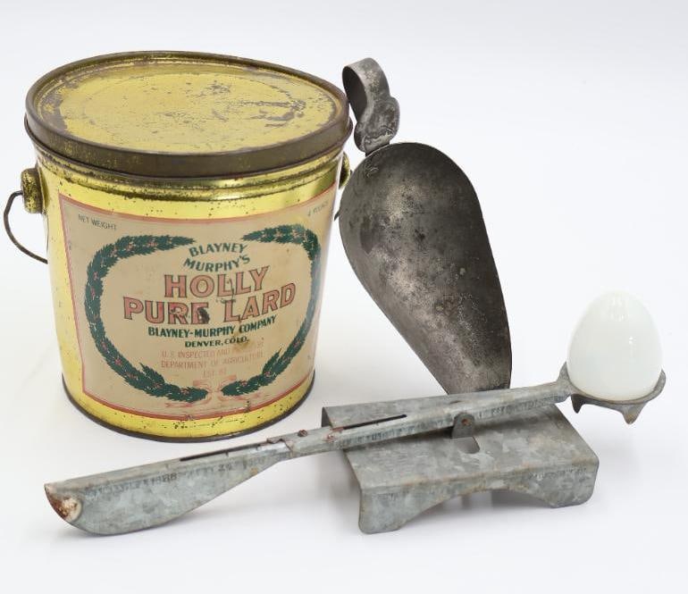 Vintage Egg Scale, Holly Lard Tin, and Scoop: Collectible Blayney Murphys Holly Pure Lard lidded tin bucket with handle, Antique Egg Grading Scale - The Oaks Mfg Co. Tipton Ind includes glass egg