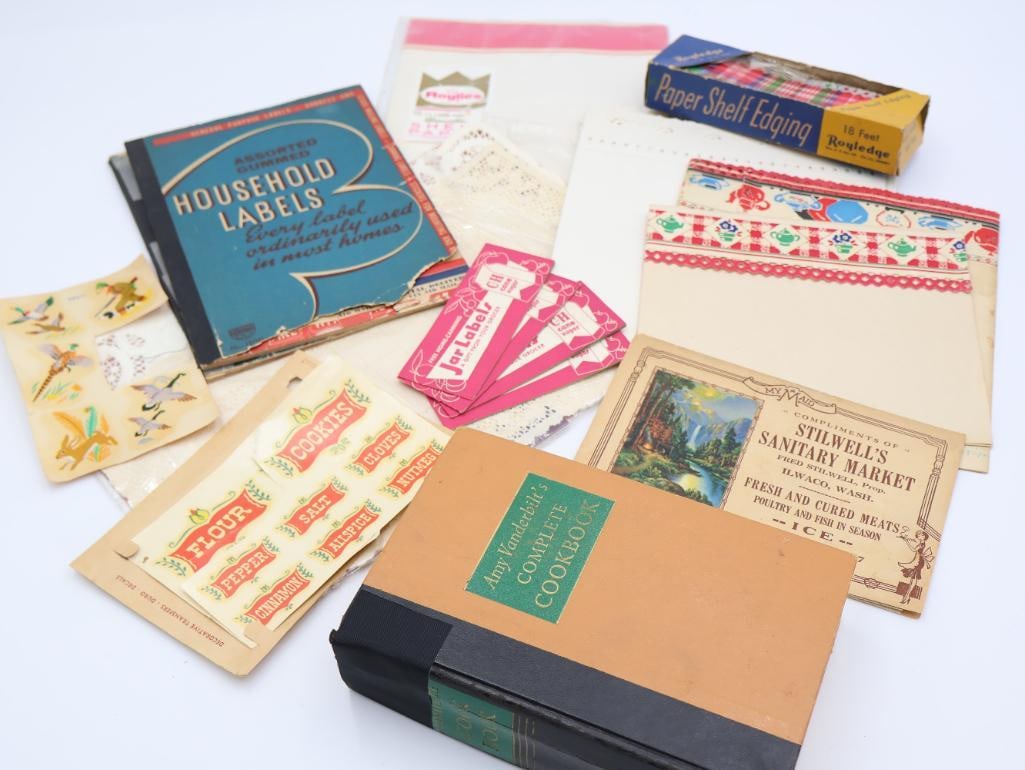 Vintage Kitchen Ephemera: Includes Amy Vanderbilt's Complete Cookbook, Stilwell's SAnitary Market My Maid recipes and menus. Vintage decals and stickers for the home including jar and C&H Sugar labels, shipping/poison labe