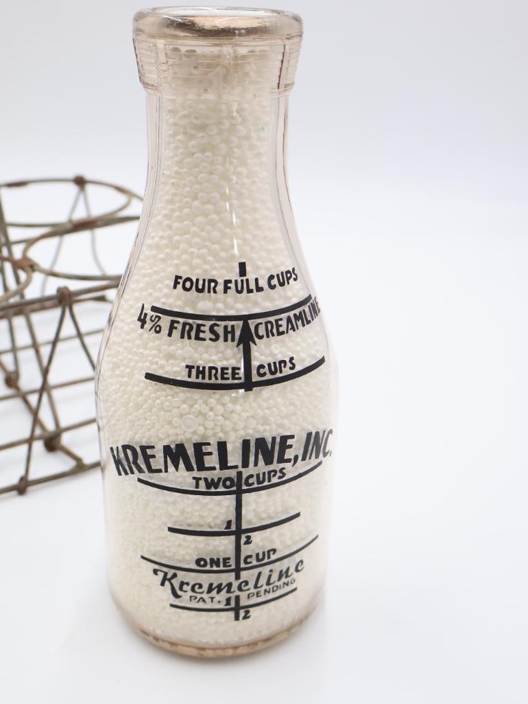 Antique Wire Metal Milk Bottle Carrier and Three Glass Milk Bottles - 14