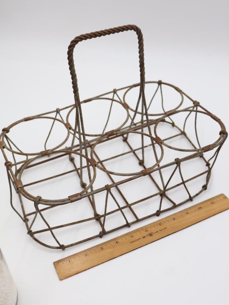 Antique Wire Metal Milk Bottle Carrier and Three Glass Milk Bottles - 19