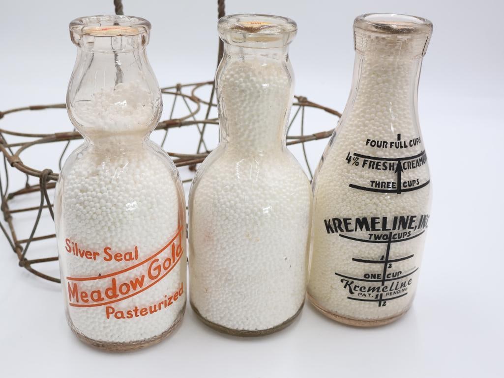 Antique Wire Metal Milk Bottle Carrier and Three Glass Milk Bottles - 2