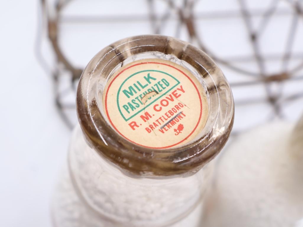 Antique Wire Metal Milk Bottle Carrier and Three Glass Milk Bottles - 7