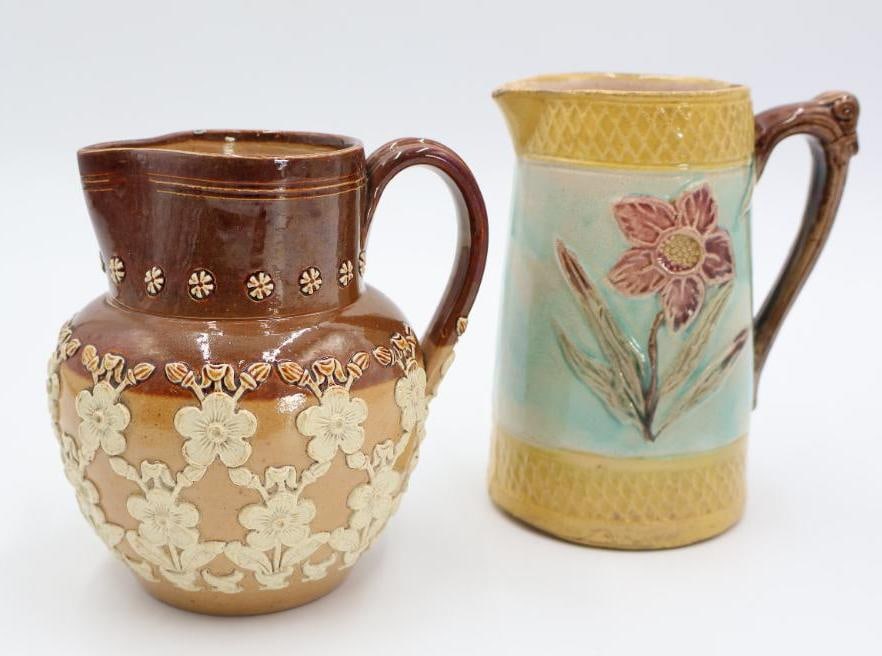 Antique Doulton Lambeth Stoneware Pottery Jug and Majolica Flower Pitcher (1 of 12)