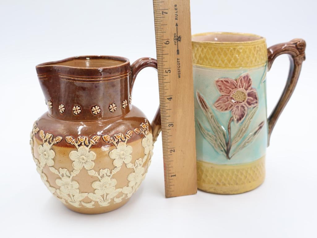 Antique Doulton Lambeth Stoneware Pottery Jug and Majolica Flower Pitcher - 2