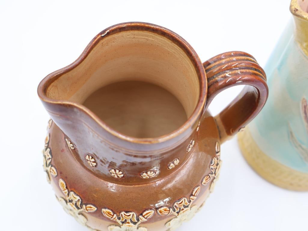 Antique Doulton Lambeth Stoneware Pottery Jug and Majolica Flower Pitcher - 3