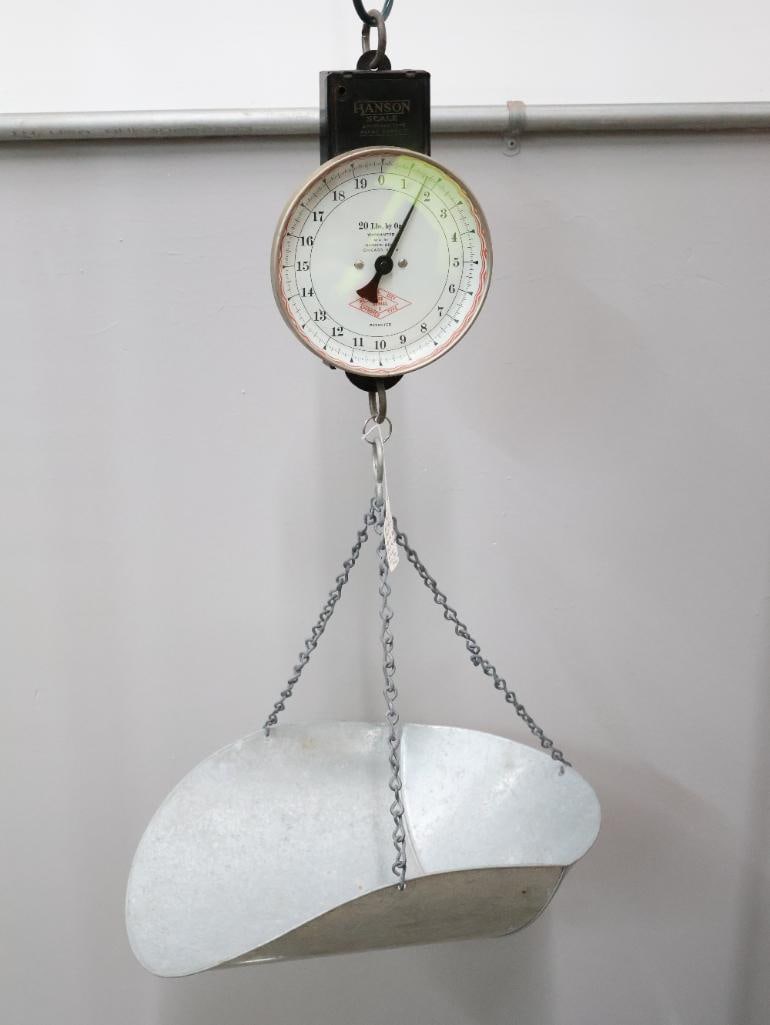 Antique Hanging Store Weighing Scale: Antique 1920's Hanson Bros Hanging Scale with pan, inspected in 1924 marked on back 
